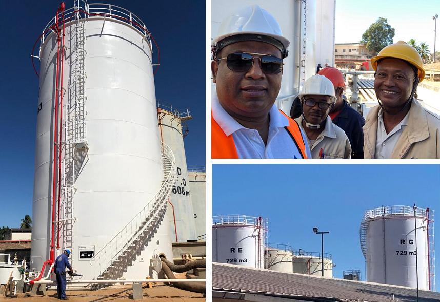 Photo1 : bac E en phase de finition. Photo2 : le DG, Abel NTSAY,  et l’équipe de la SECREN SA lors de sa visite à Mahajanga. Photo3 : les bacs E et G prêts pour réception provisoire.